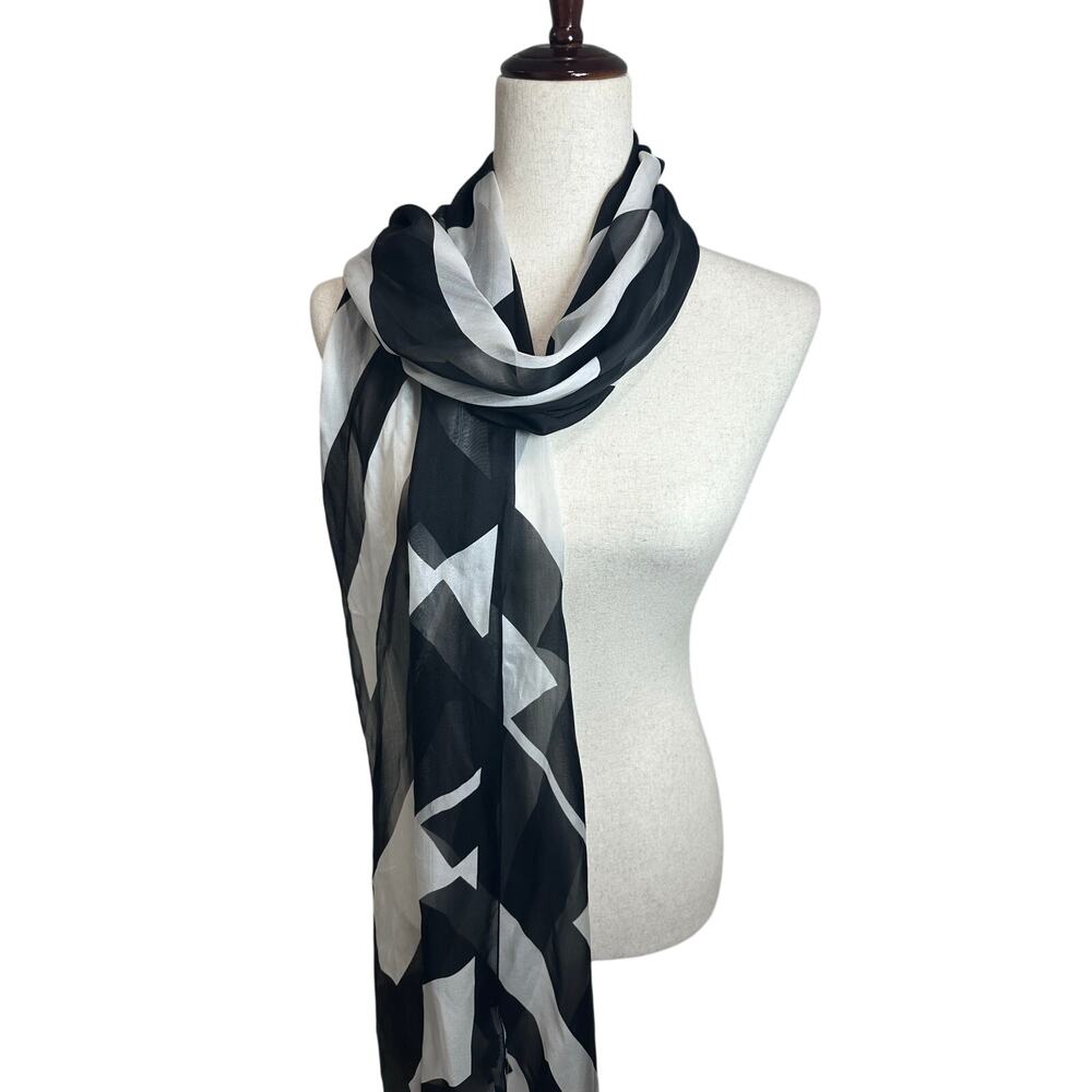 White House Blk Market Silk Shadow Stripe Black W Ecru Silk Scarf Rectangular